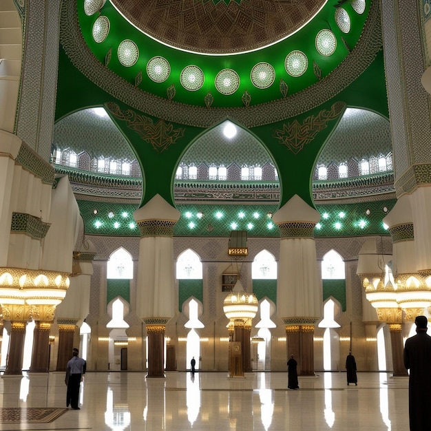 A large building with a green ceiling with a number of people in the middle.