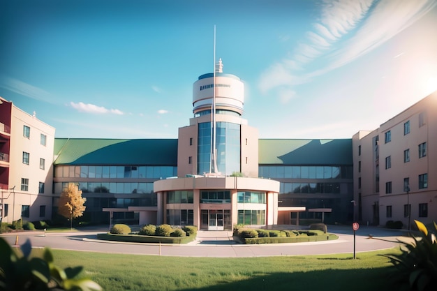 A large building with a green roof and a green roof