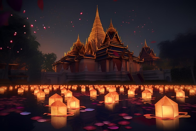 A large building with lanterns floating in the water at night