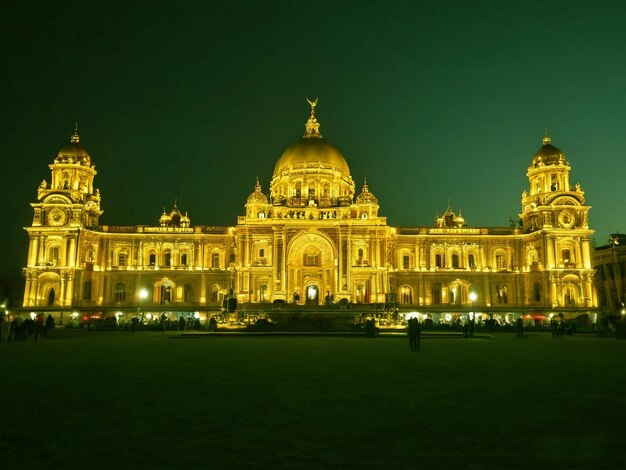 a large building with a large gold building in the background