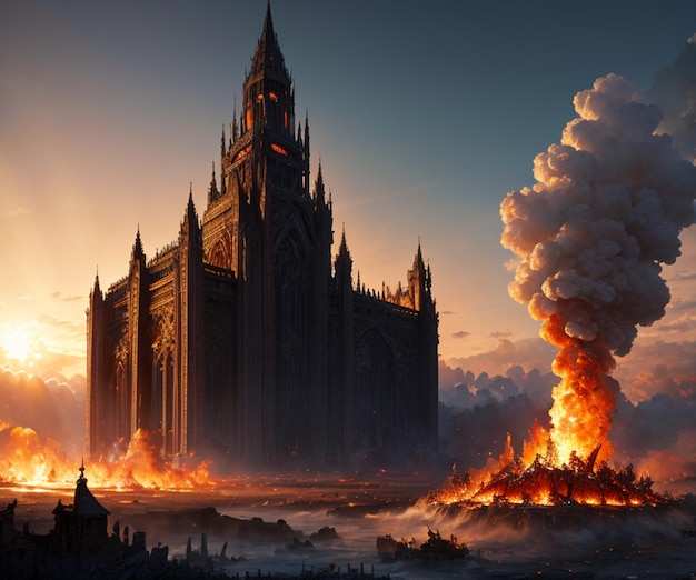 A large building with a large tower and a large building with a large fire that says " the word " on it. "