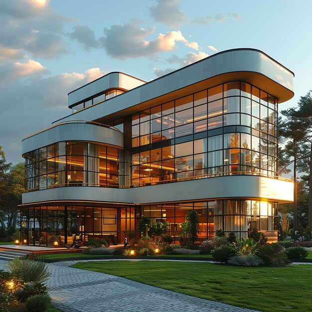 a large building with a lot of windows on the front and the sky in the background