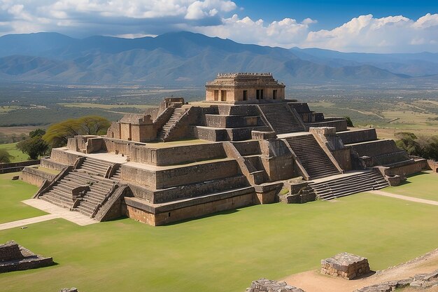 a large building with a mountain in the background