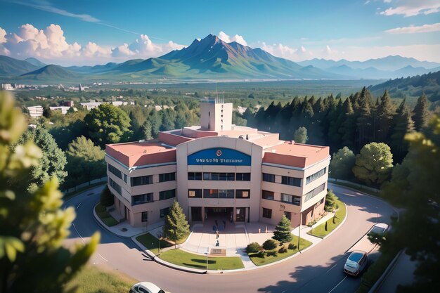 Photo a large building with a mountain in the background