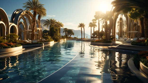 A large building with a pool of water