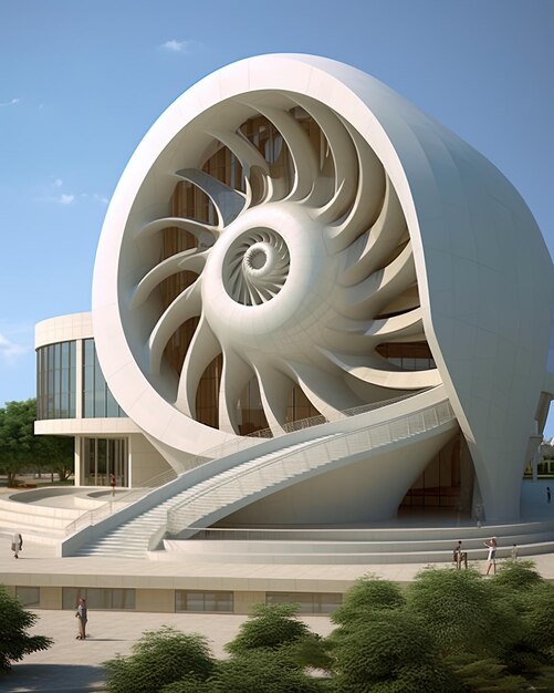 Photo a large building with a spiral design on the top