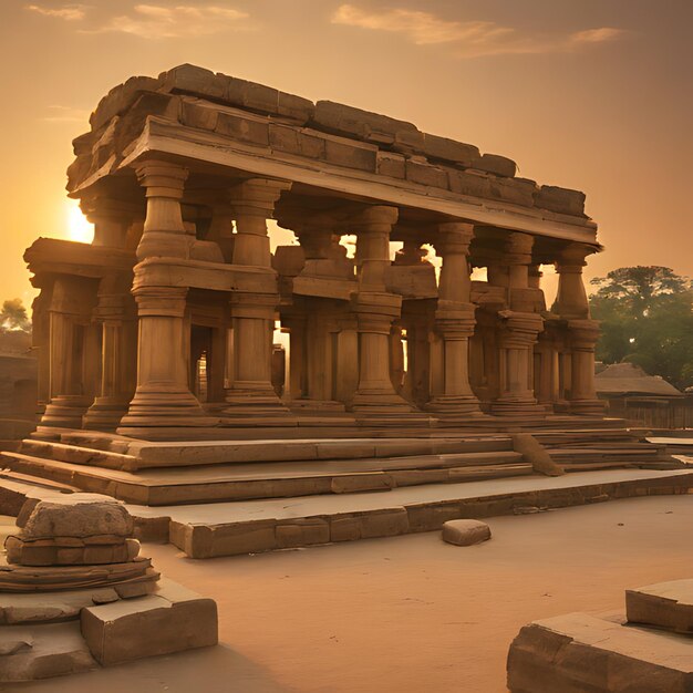 a large building with a sunset behind it