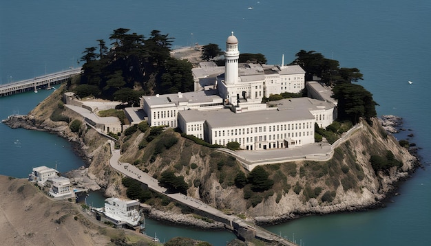 a large building with a white roof is on a hill overlooking a body of water