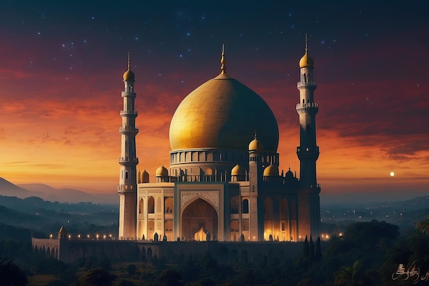 a large building with a yellow dome and a blue sky with the words the name of the mosque