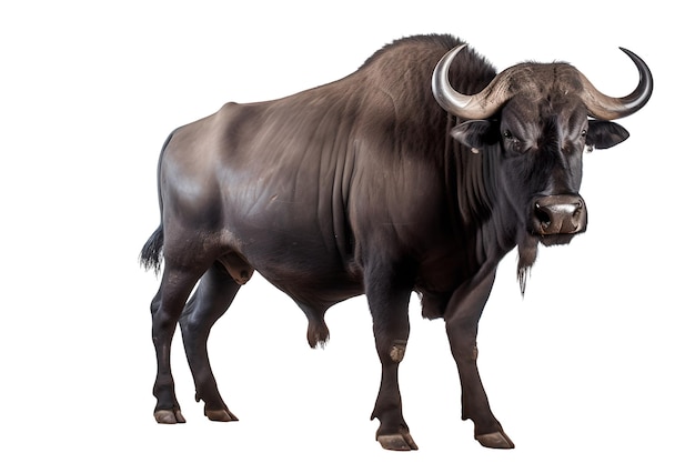 A large bull with a big horn is standing in front of a white background.