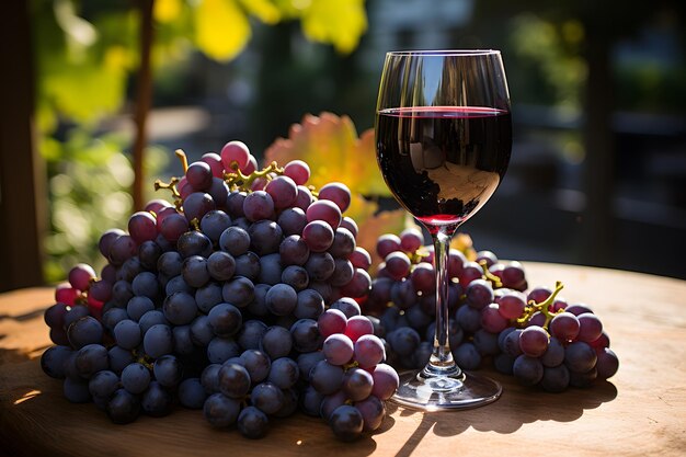 Foto grande grappolo di uva nera con bicchiere di vino in primo piano