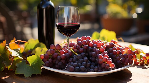 Large bunch of black grapes with wine glass in the foreground