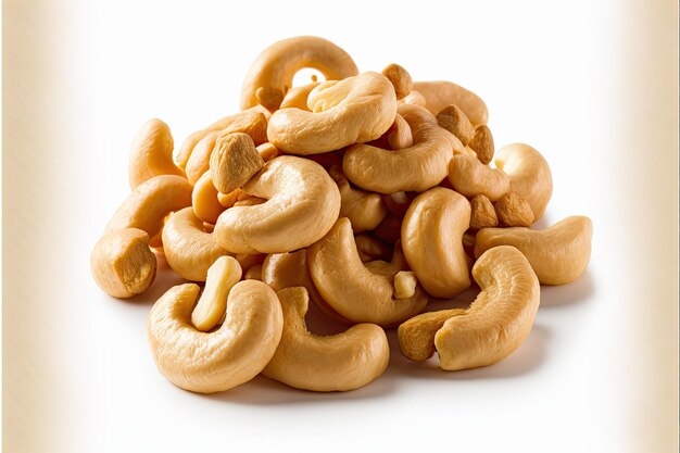 A large bunch of delicious nuts in form of cashew on white background