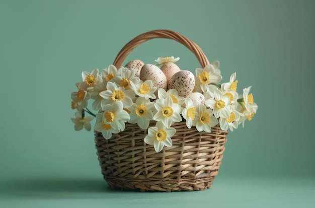 a large bunch of painted eggs and daffodils in a basket against a green background