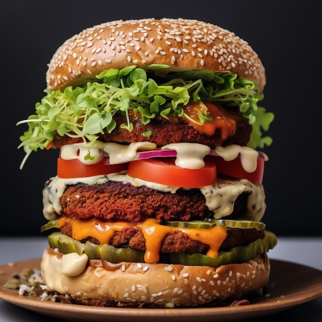 A large burger on a plate