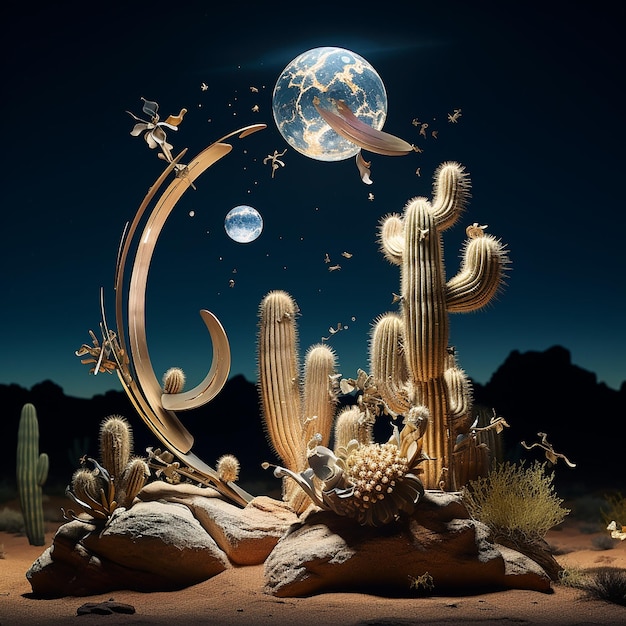 a large cactus with a moon in the background