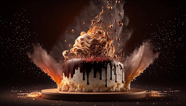 A large cake explodes on a dark background