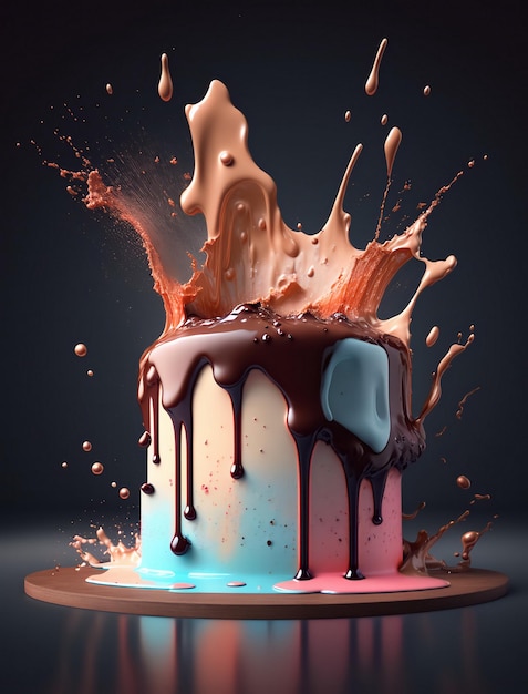 A large cake explodes on a dark background