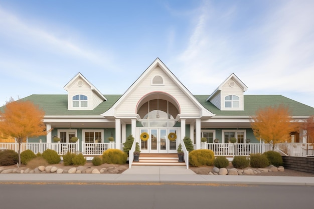 Large cape cod with multiple gables and a grand entrance