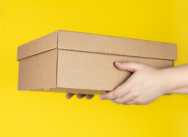 Large cardboard box in hand on a trendy yellow background delivery of orders to your home by courier