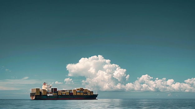 Большой грузовой корабль с контейнерами плывет по огромному океану