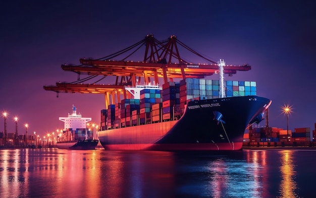 A large cargo ship in a harbor at night AI