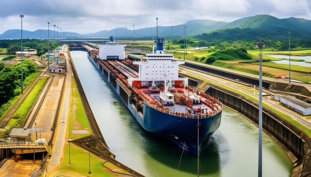 Photo a large cargo ship is docked in a river