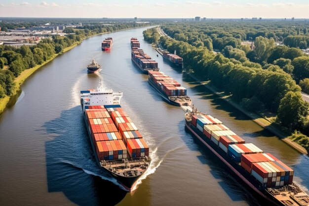 a large cargo ship is traveling down a river