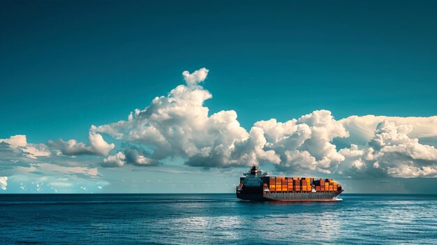 A large cargo ship loaded with containers making its way through the vast expanse of the ocean