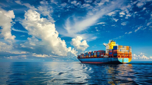 A large cargo ship loaded with containers sailing in the vast ocean