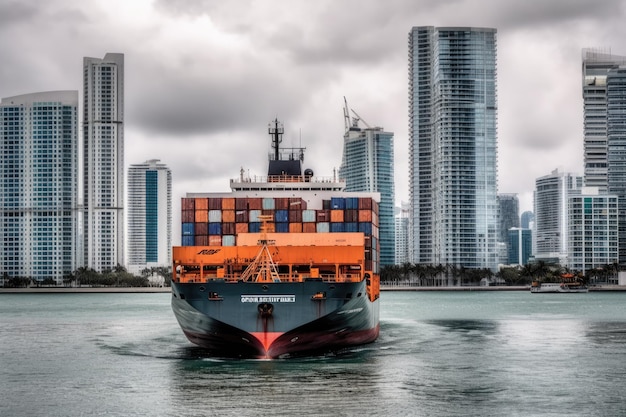 A large cargo ship in the middle of a body of water