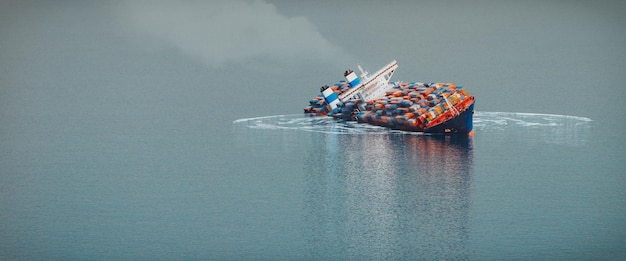 Foto una grande nave da carico si è inclinata e affondata lateralmente nell'oceano.