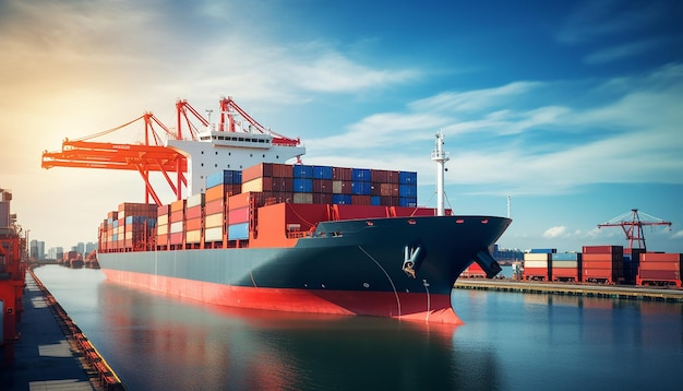 large cargo ship with containers in the port