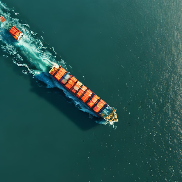 a large cargo ship with orange buoys is traveling through the water