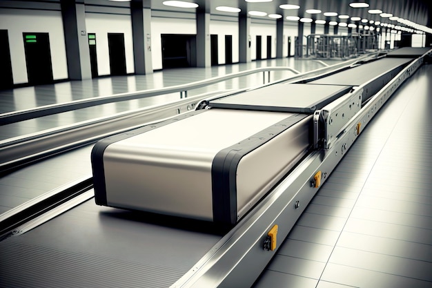 Large cargo and suitcases on conveyor in waiting room in airport baggage claim area