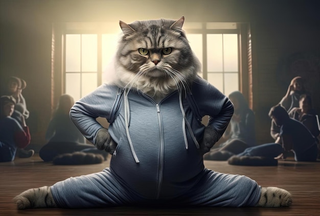 Photo a large cat in a yoga pose cartoonlike character