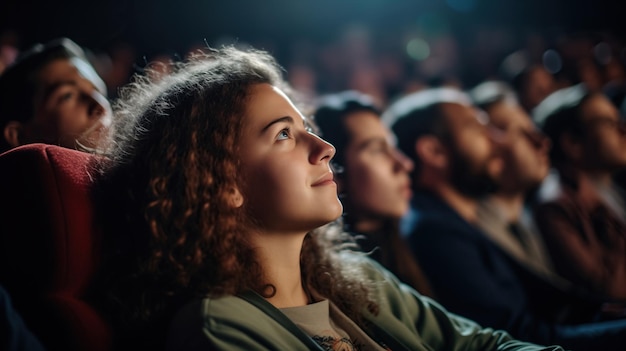 A large cheering audience in a movie theater watches a heartwarming comedy