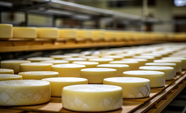 大型チーズホイール プロダクション クローズアップ チーズメーカー 倉庫でチーズを生成するAI