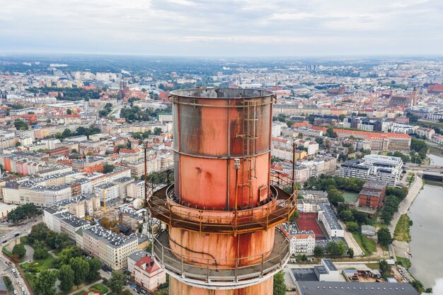 Large chimney at a power plant, close-up top view, environmental pollution