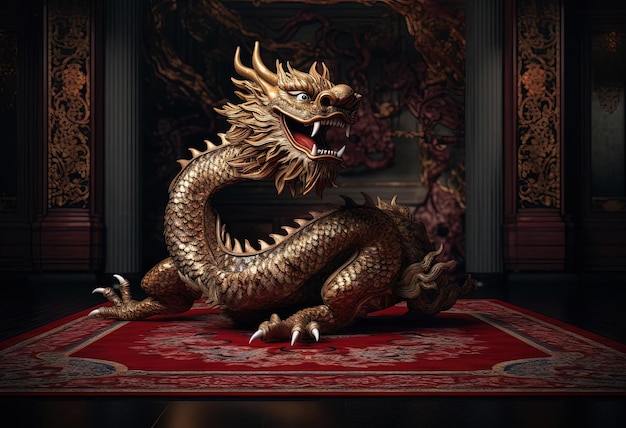 a large chinese dragon on a carpet is standing in the corner