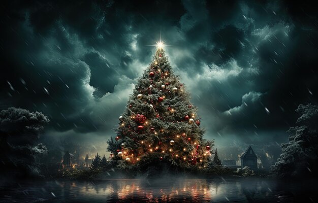 Large Christmas tree illuminated with classic decoration on a night with rain and snow.