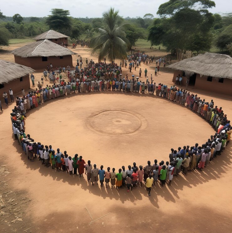 Photo a large circle of people is surrounded by a circle of people.