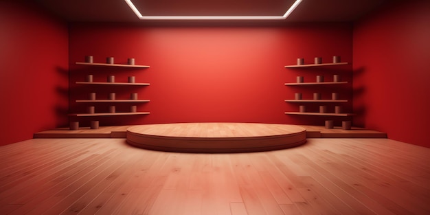 A large circle in a room with a red wall and a shelf with a light on it.