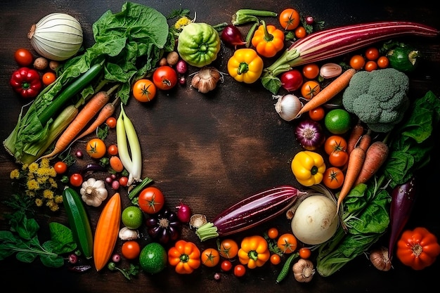 A large circle of vegetables on a dark background