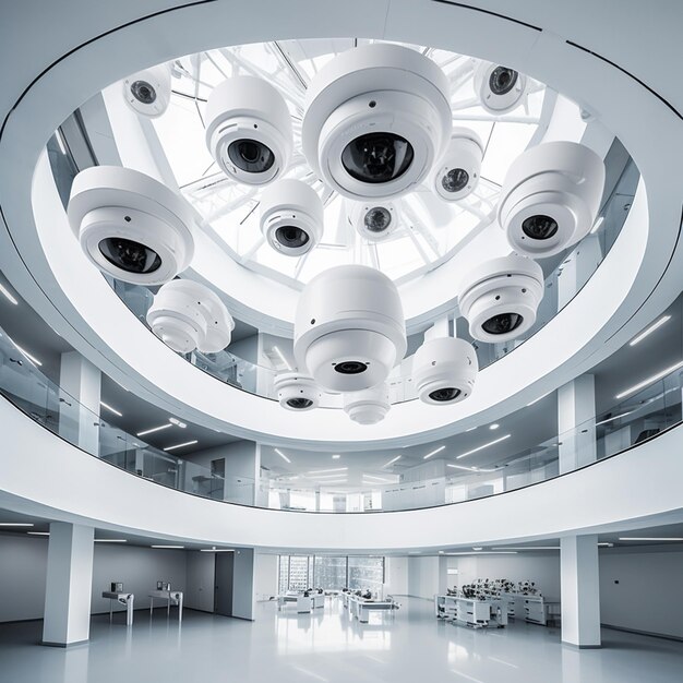 A large circular building with a large white ceiling with lights hanging from it