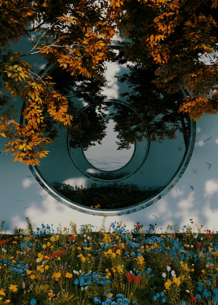 Photo a large circular object is framed by flowers and trees.