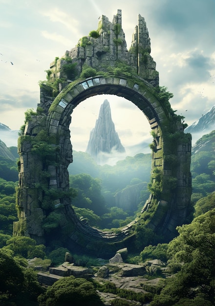 a large circular rock arch on top of the mountains in the style of photorealistic surrealism