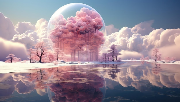 写真 ピンク の 雲 と 樹木 を 含む 大きな 円形 の 構造