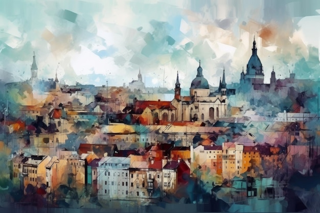 Large city in the style of impressionism painting Illustration AI Generative