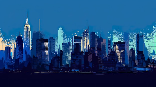 Большой город с множеством высотных зданий, созданный ИИ, ностальгический горизонт Нью-Йорка